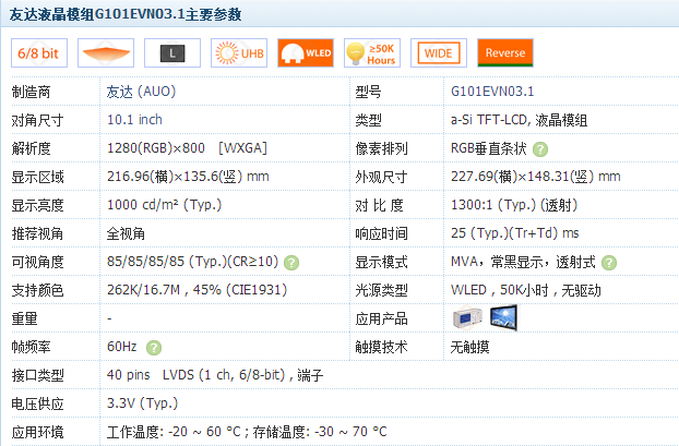 G101EVN03.1主要參數(shù)