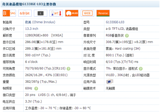 G133IGE-L03主要參數(shù)